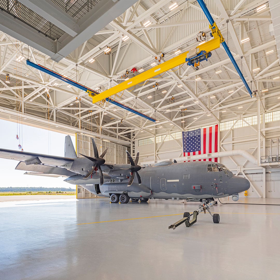 Military plane inside hangar